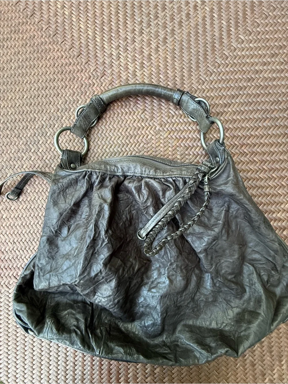Juicy Couture Distressed Leather Hobo Bag Bronze Braided Strap Large Y2K
